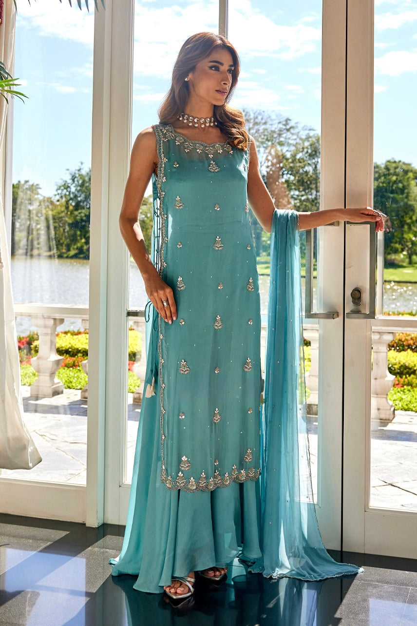 Azure Teal Embroidered Sharara Set