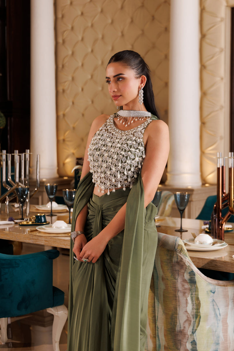 Olive Crystal Cascade Draped Saree
