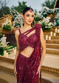 Wine Burgundy Sequin Embroidered Draped Saree with Statement Blouse