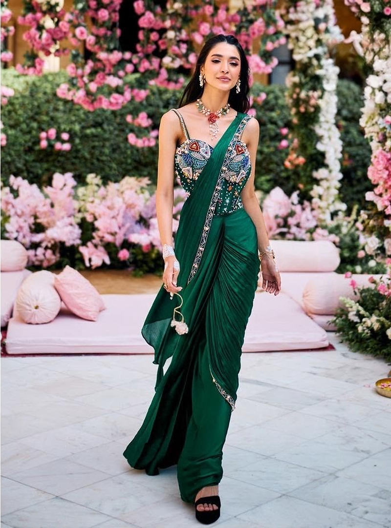 Emerald Green Pre-Draped Saree with Multicolour Embellished Corset Blouse