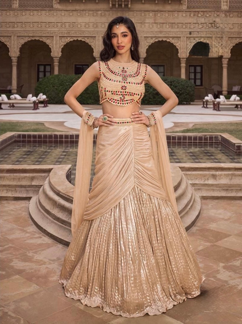 Champagne Gold Draped Lehenga Set with Multicolour Embellished Blouse & Sheer Dupatta