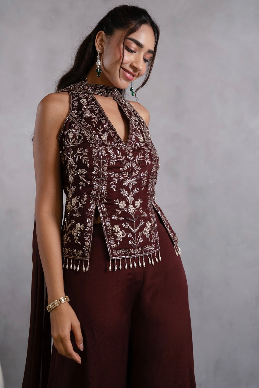 Wine Embroidered Halter Neck Top with Palazzo Pants & Dupatta Set