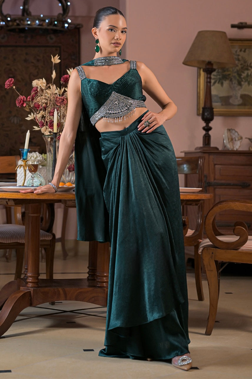 Emerald Green Draped Saree Set with Embellished Bustier