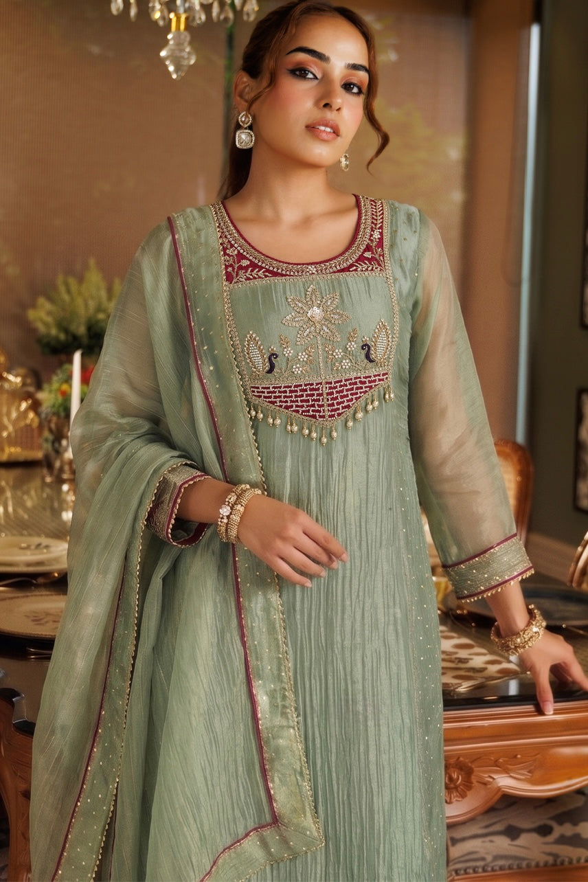 Sage Green Embellished Kurta Set with Maroon Yoke, Straight Pants & Dupatta