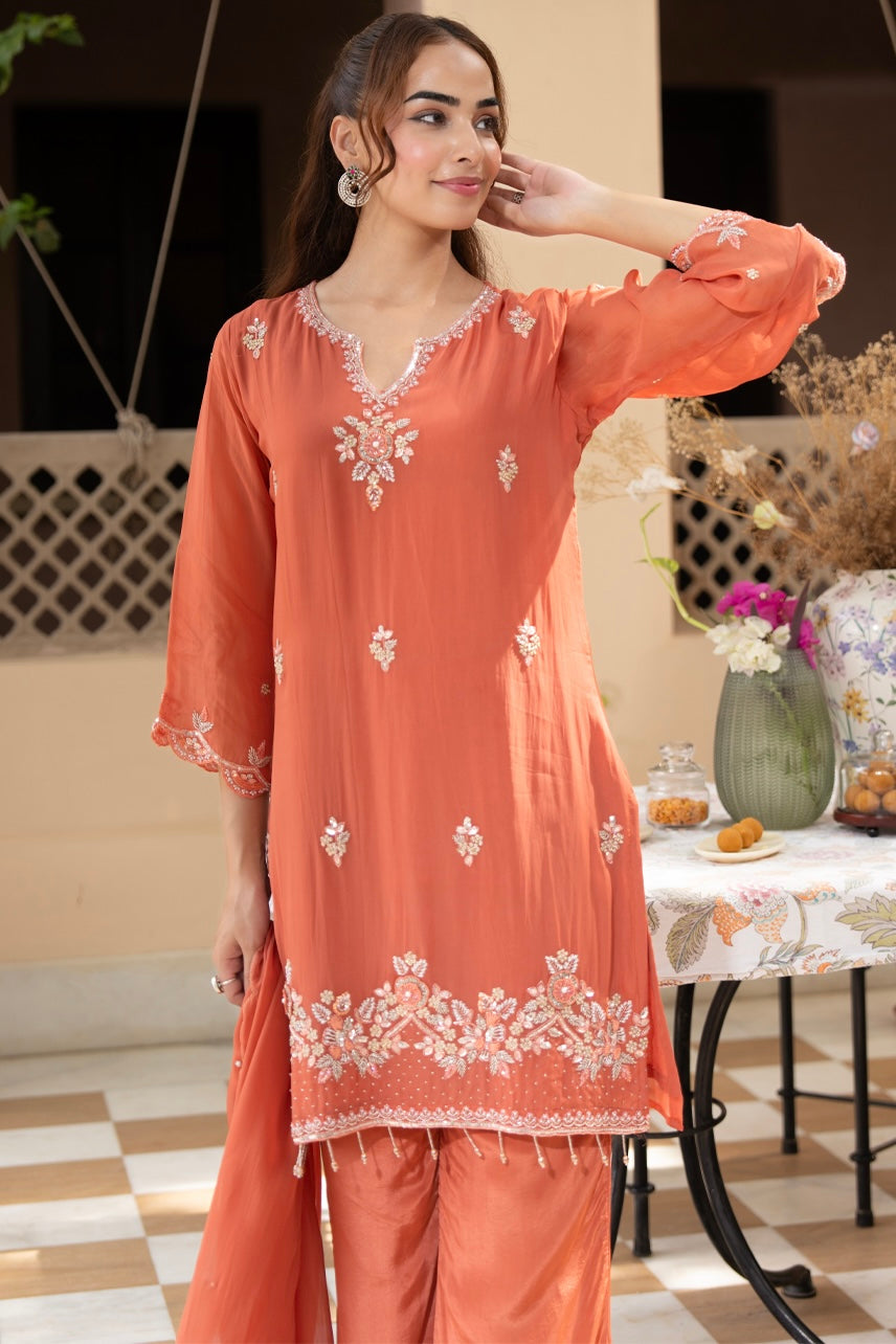 Coral Bloom Embroidered Kurta Set