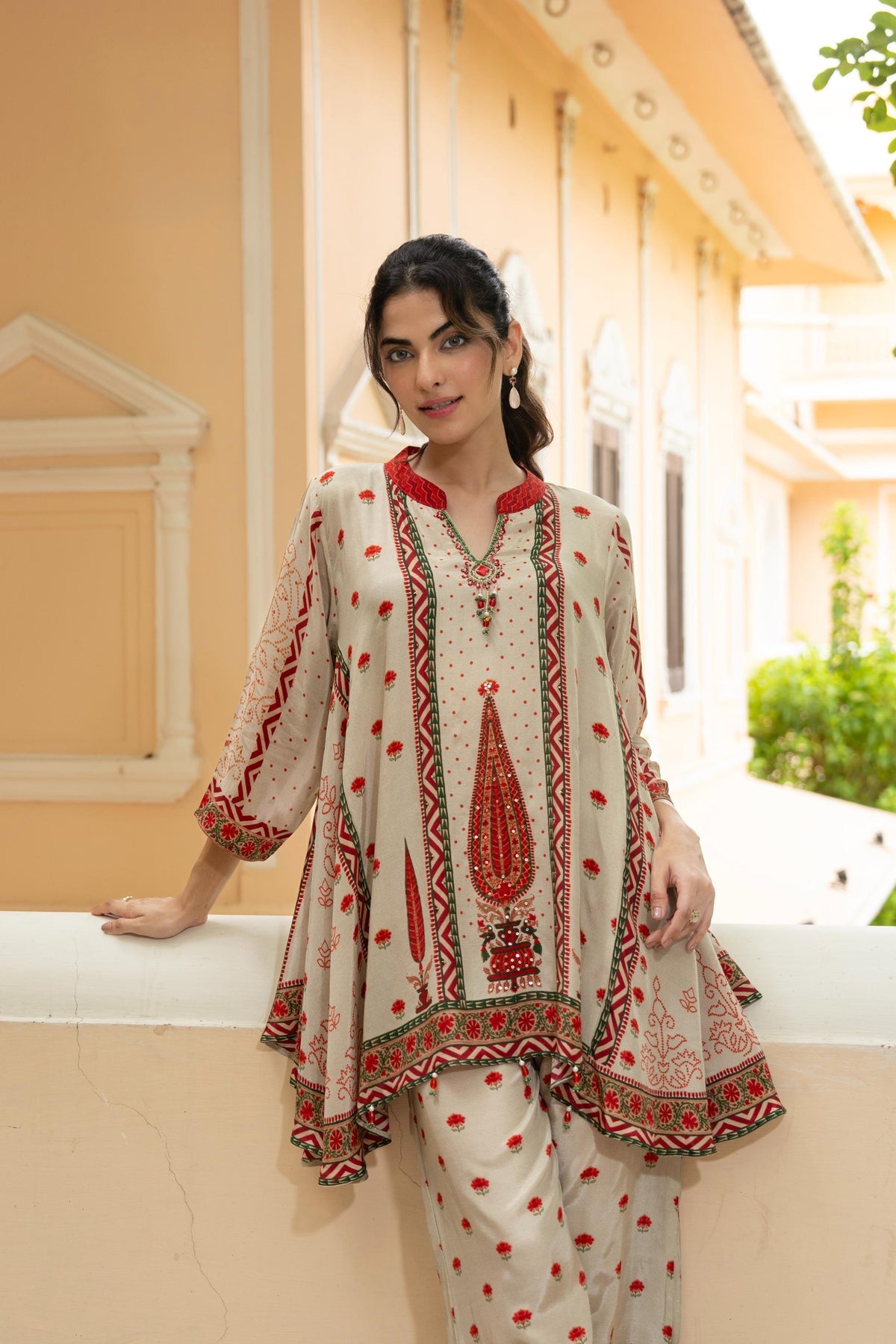 Ivory & Red Heritage Print Flared Kurta Set
