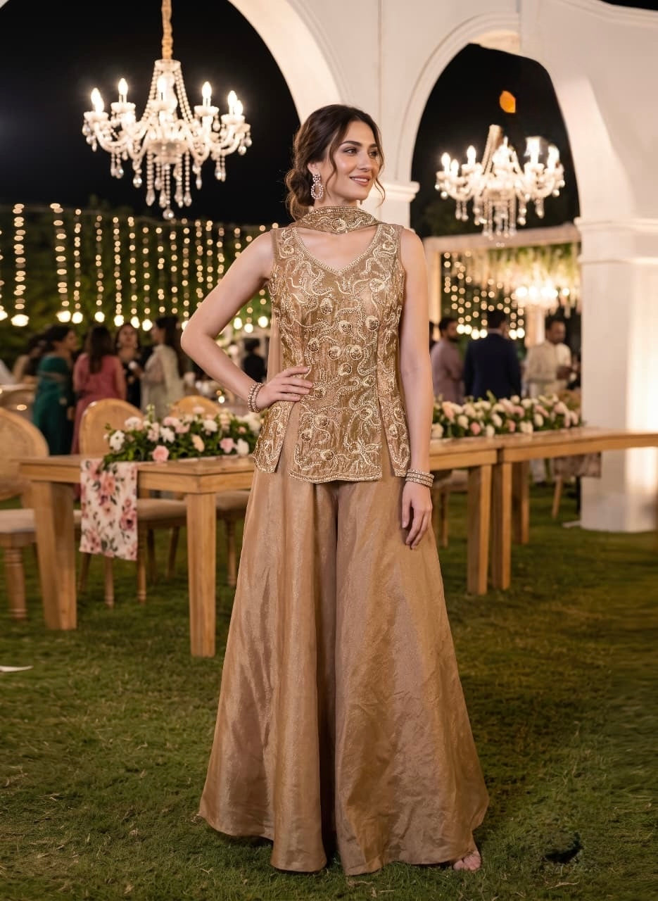 Champagne Gold Embroidered Peplum Sharara Set