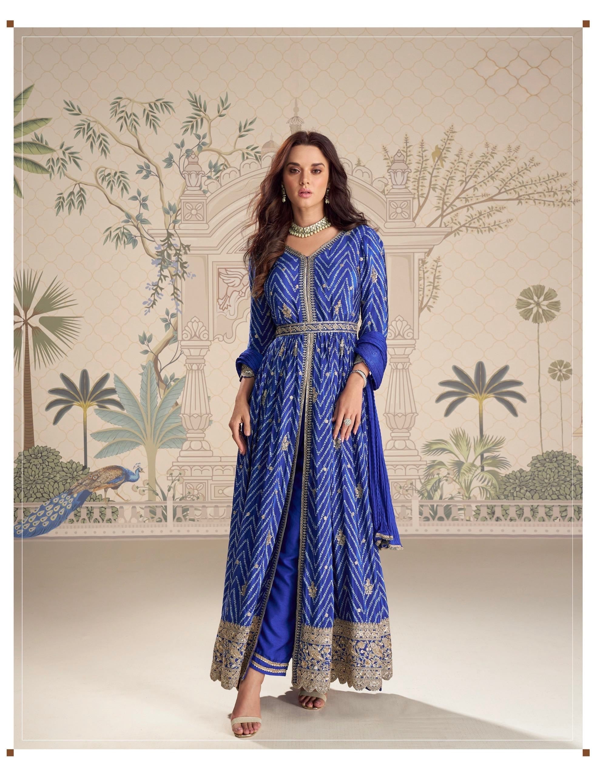 Royal Blue Leheriya Anarkali Set
