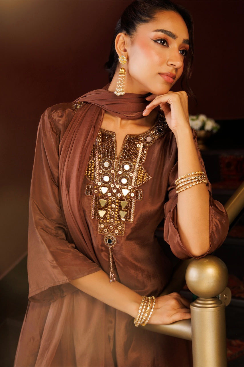 Mocha Mirrorwork Embroidered Kurta Set
