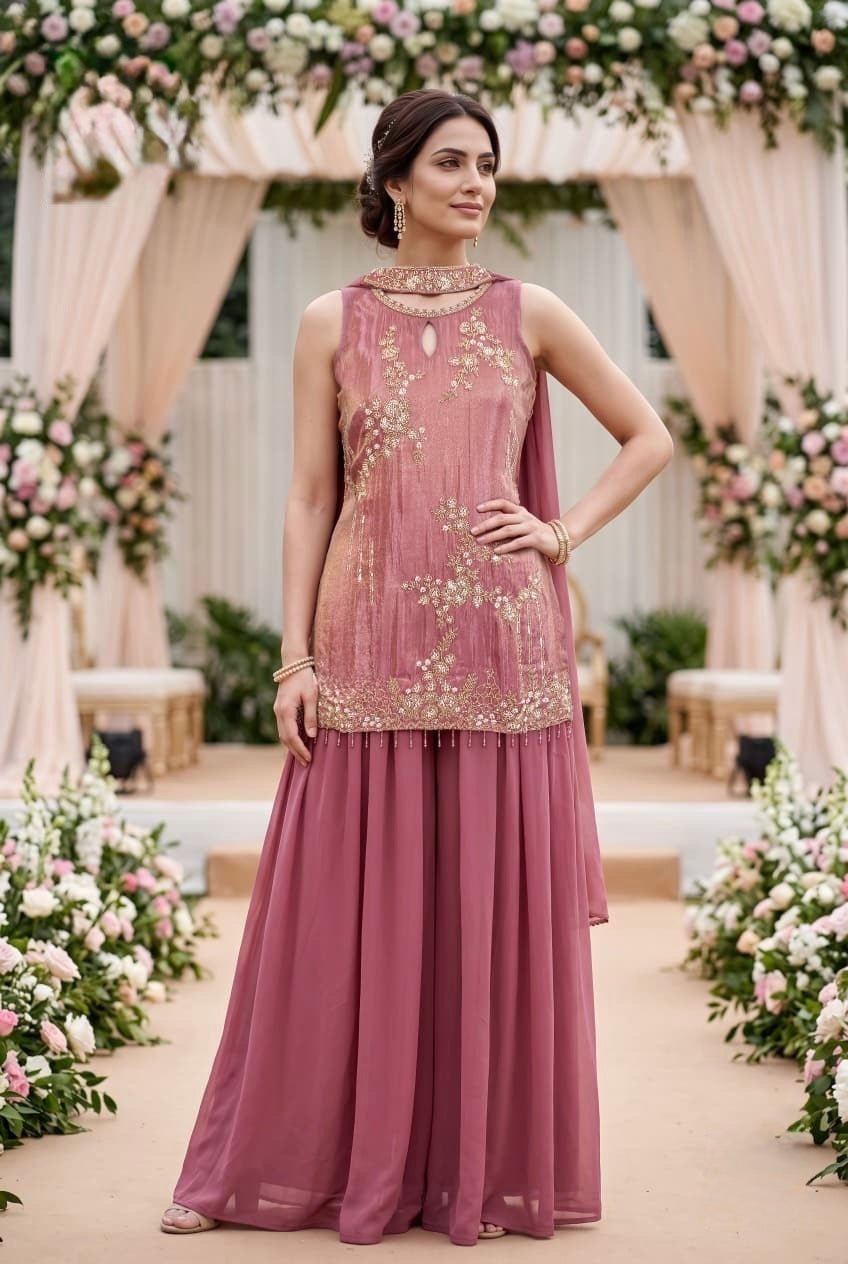 Dusty Rose Handworked Sharara Set