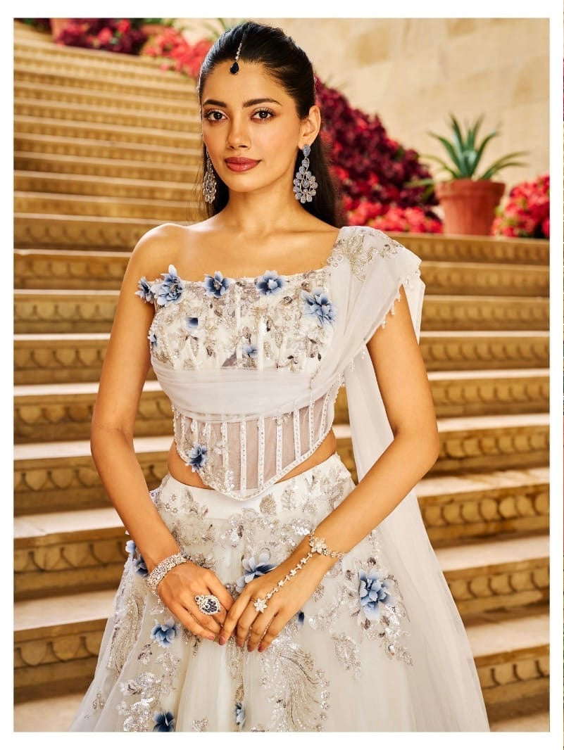 Ivory Floral Embroidered Lehenga Set with Draped Corset Blouse