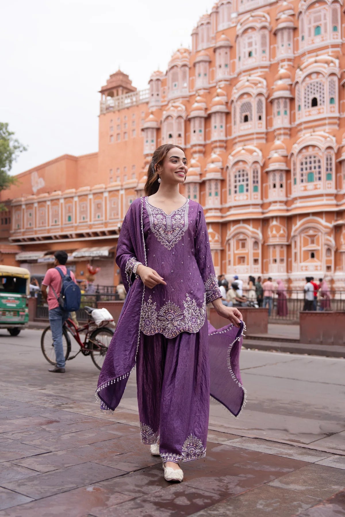Purple Embroidered Kurta Palazzo Set with Dupatta