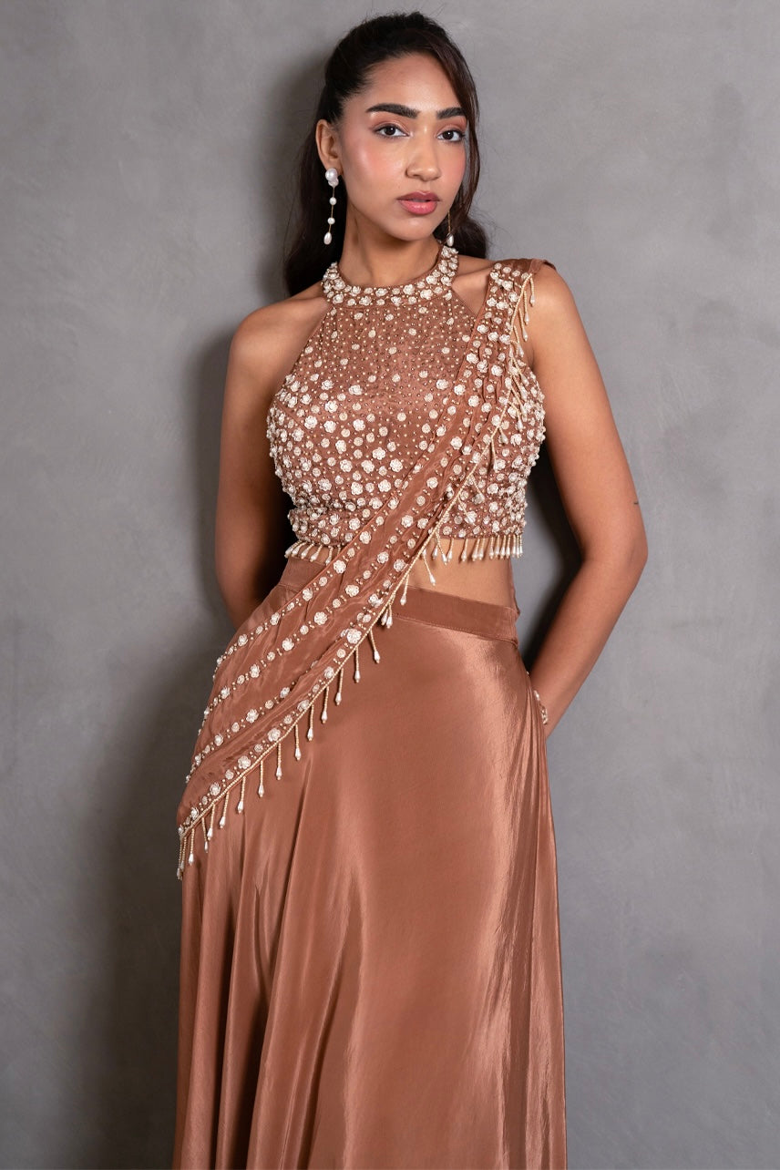 Mocha Rose Embellished Pre-Draped Saree