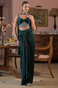 Emerald Green Draped Saree Set with Embellished Bustier