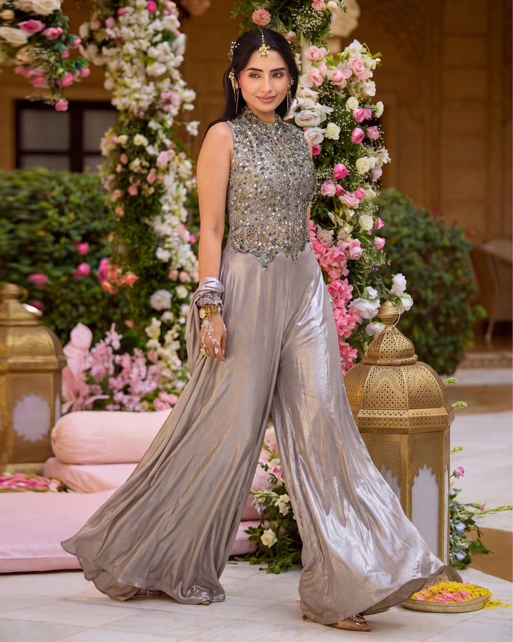 Silver Embellished Top & Palazzo Set