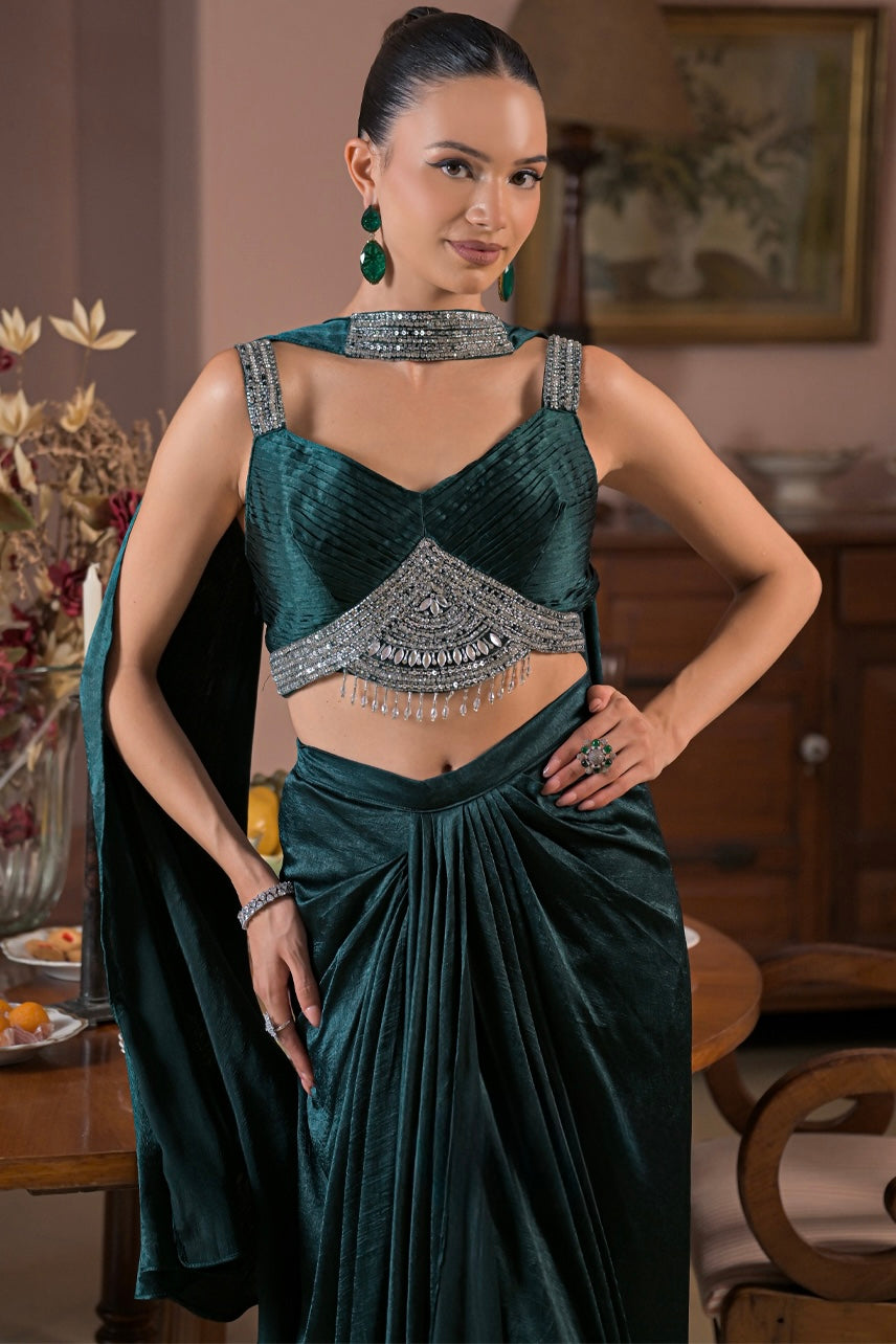 Emerald Green Draped Saree Set with Embellished Bustier
