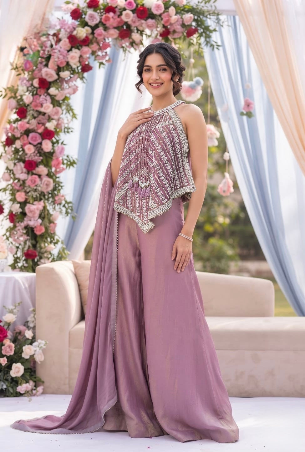 Mauve Mist Embroidered Cape Set