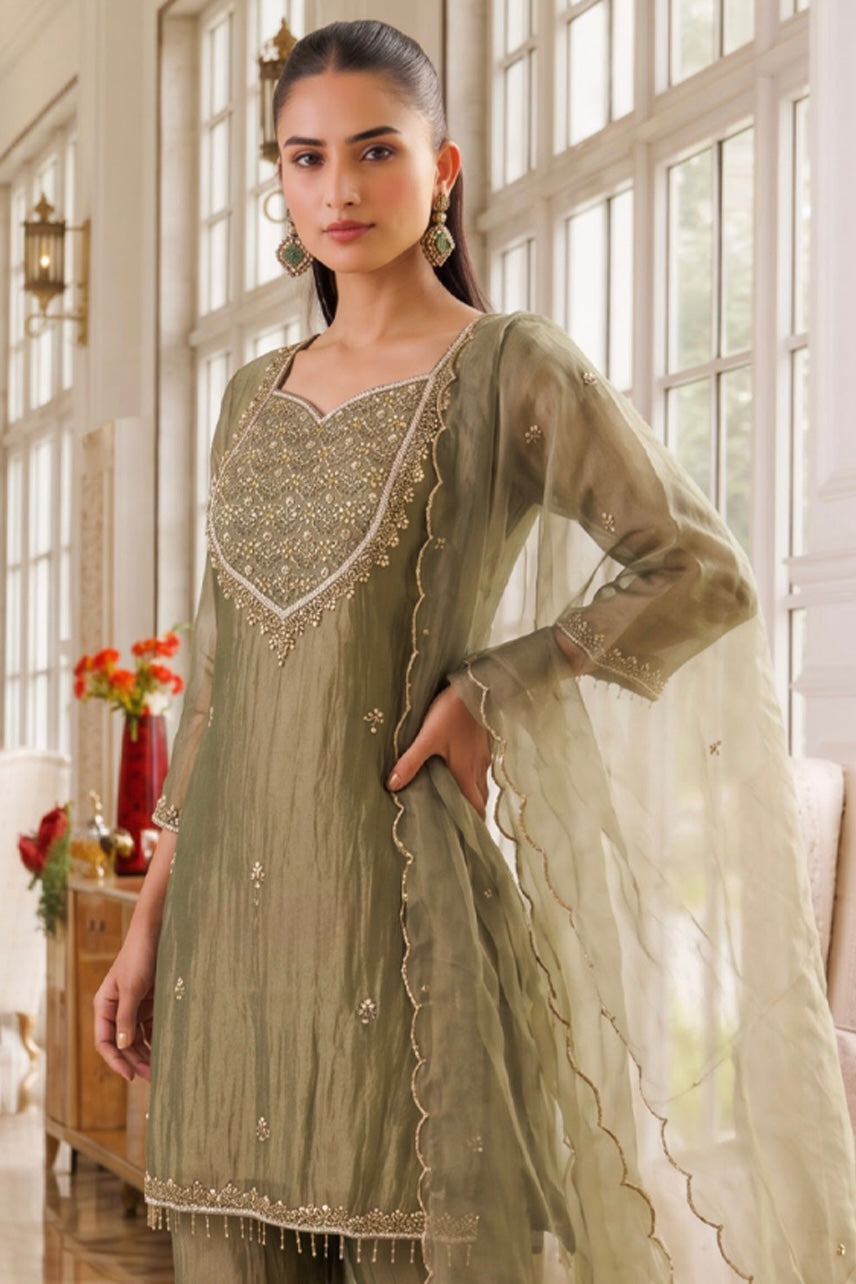 Olive Mist Embroidered Sharara Set