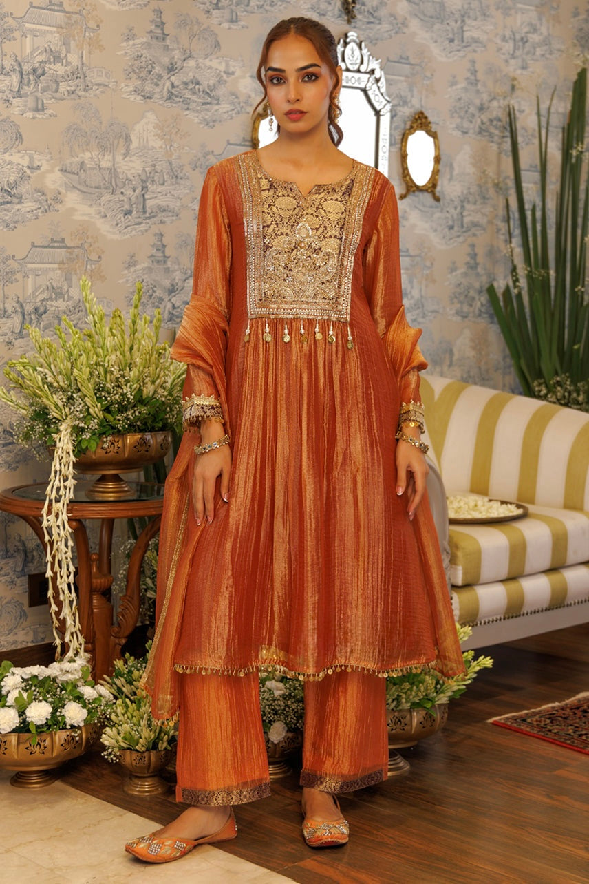 Rust Orange Embroidered Anarkali Kurta Set with Dupatta