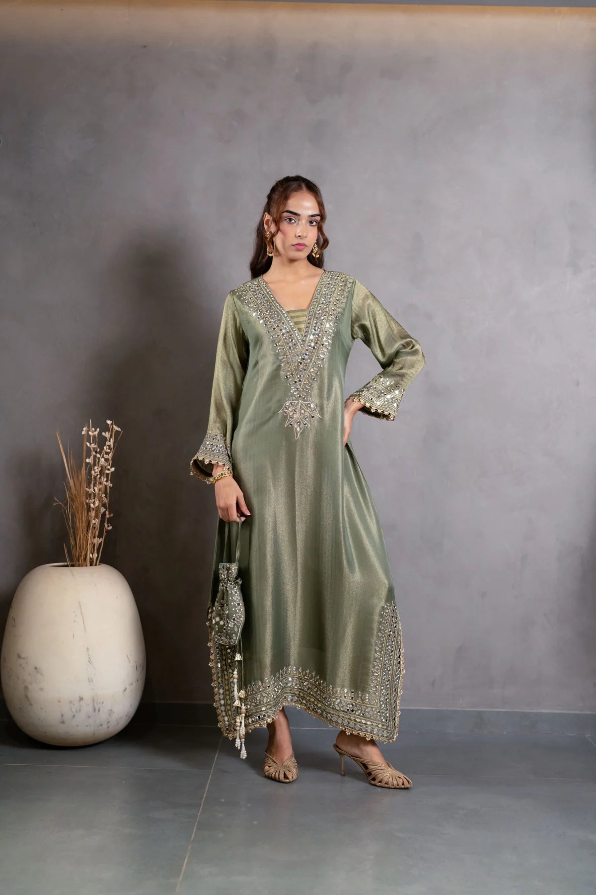 Olive Green Mirrorwork Kaftaan Set