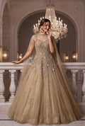 Handworked Flared Gown with Sheer Cape