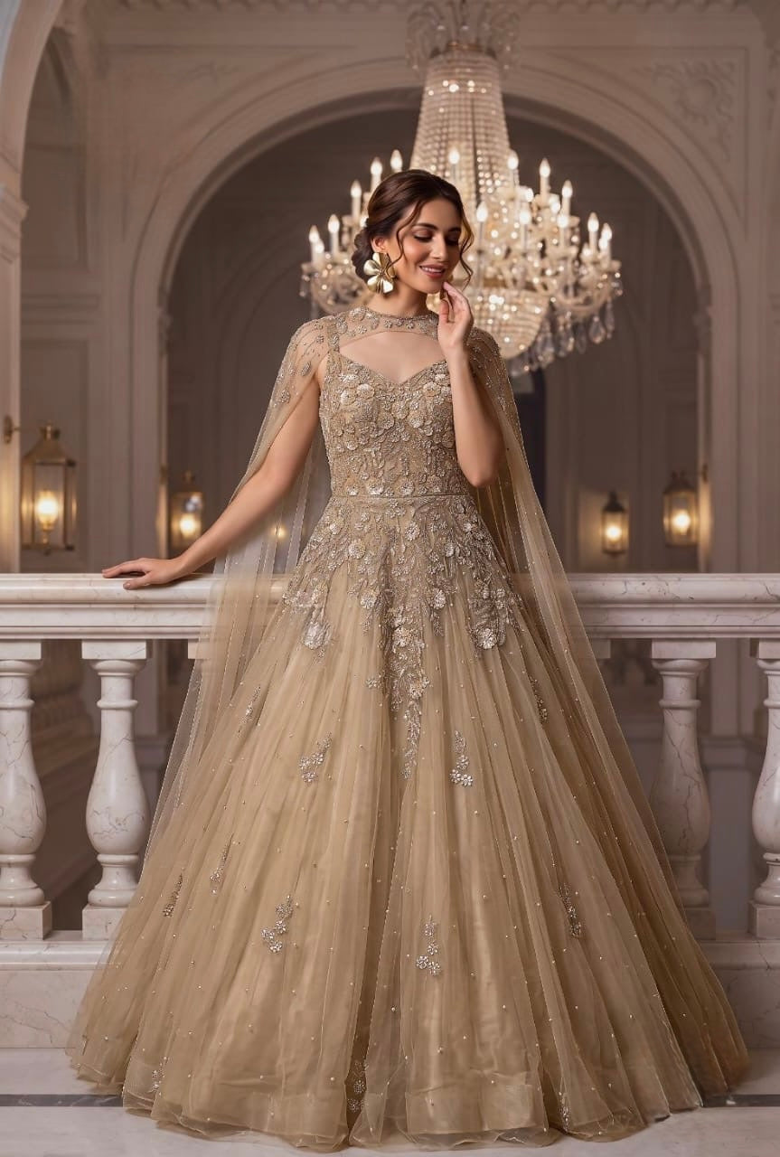 Handworked Flared Gown with Sheer Cape
