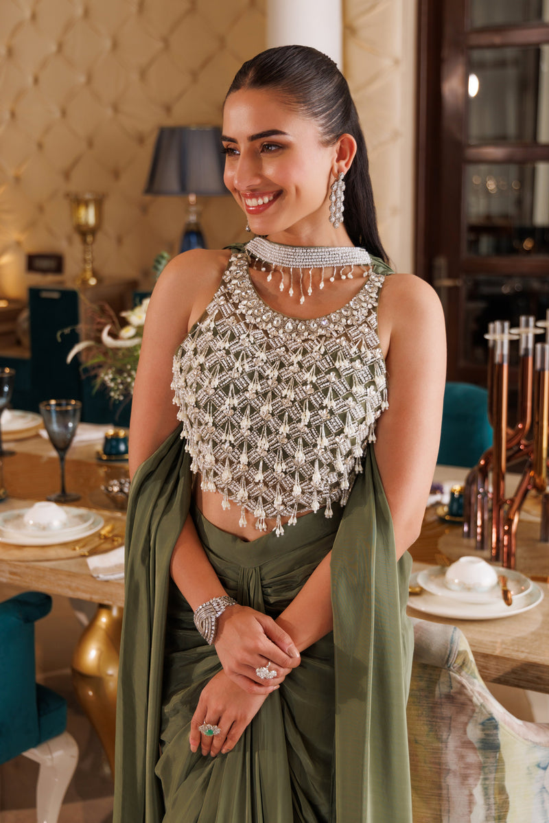 Olive Crystal Cascade Draped Saree