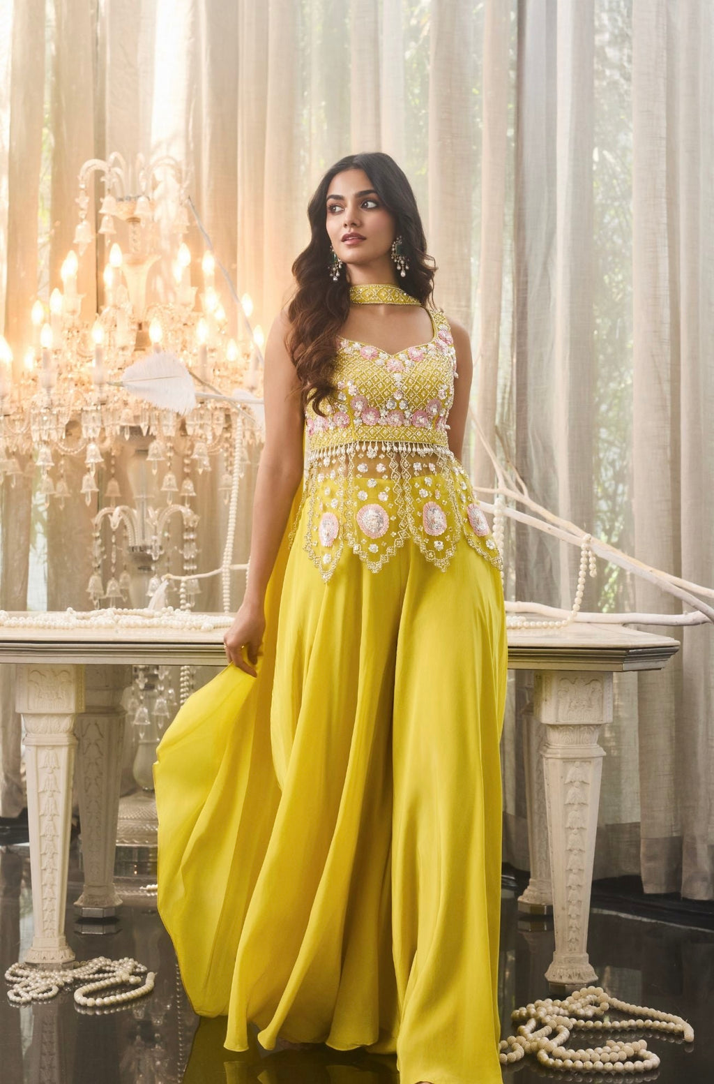 Sunshine Yellow Embroidered Corset & Flared Pants Set with Dupatta