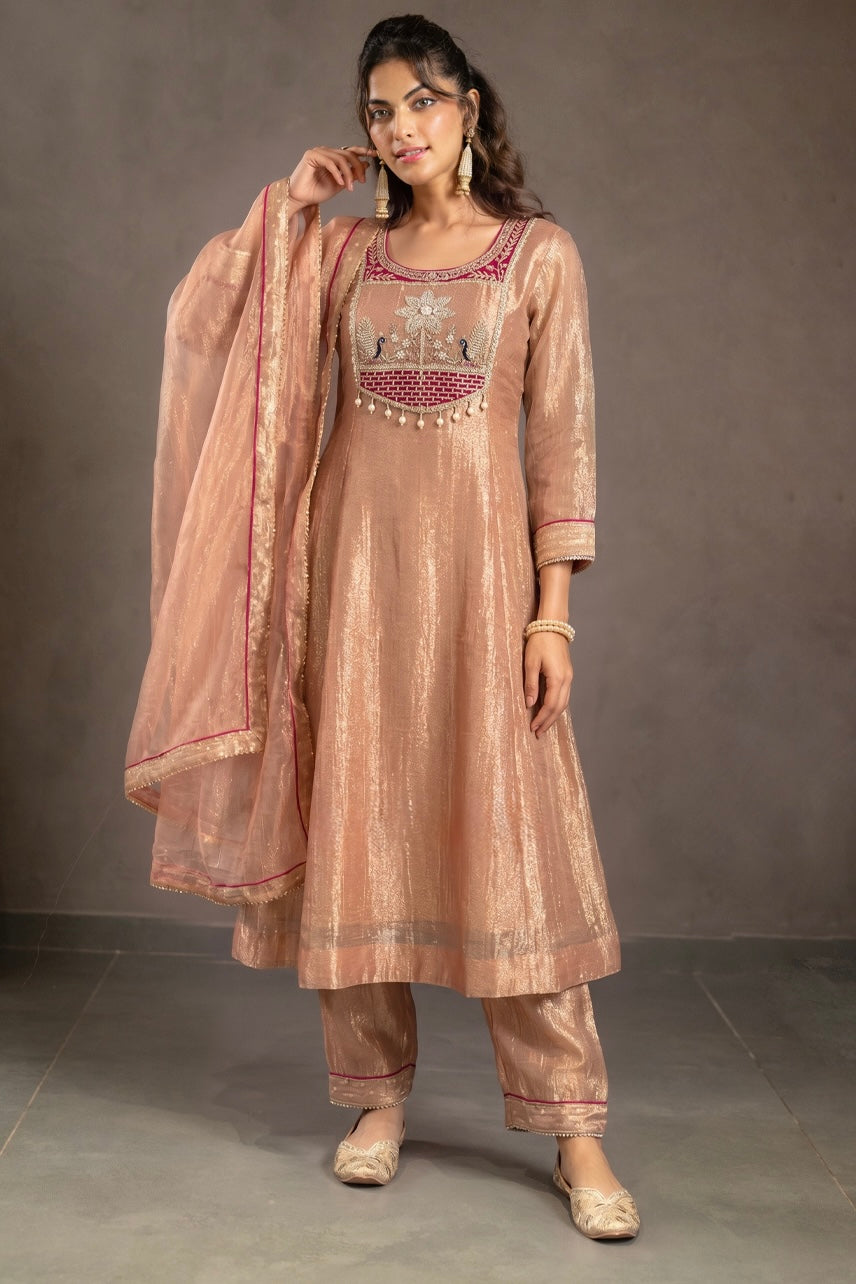 Peach Gold Embroidered Kurta Set with Maroon Yoke & Dupatta