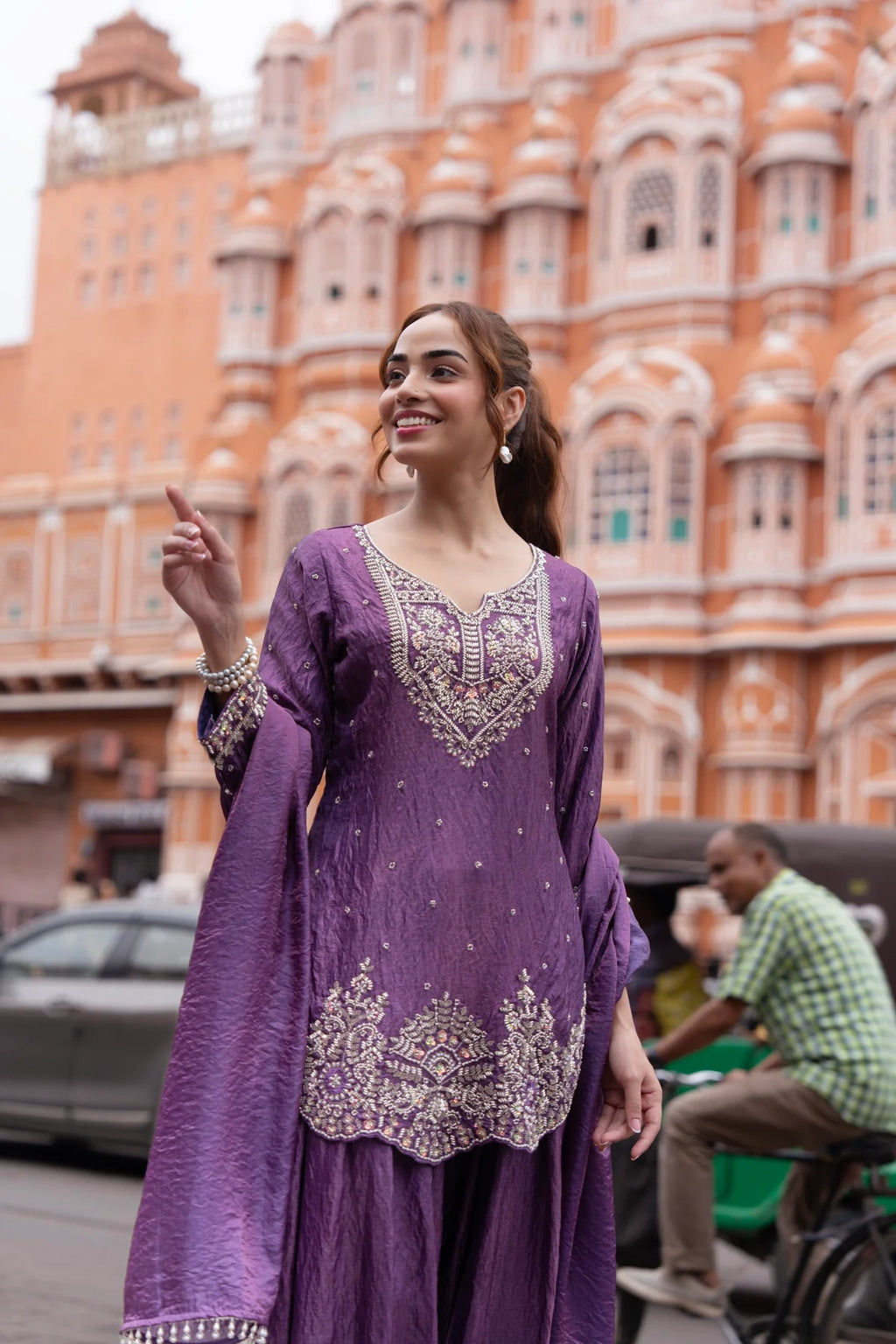 Purple Embroidered Kurta Palazzo Set with Dupatta
