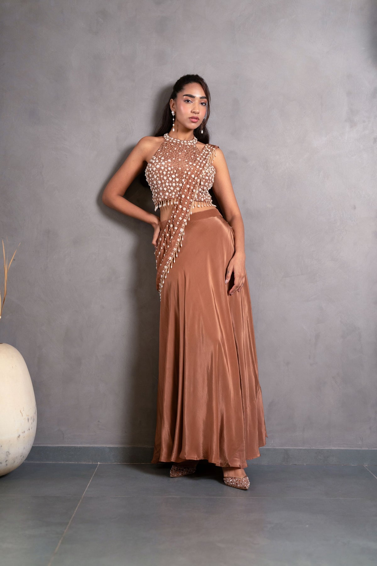 Mocha Bronze Embellished Drape Skirt Set
