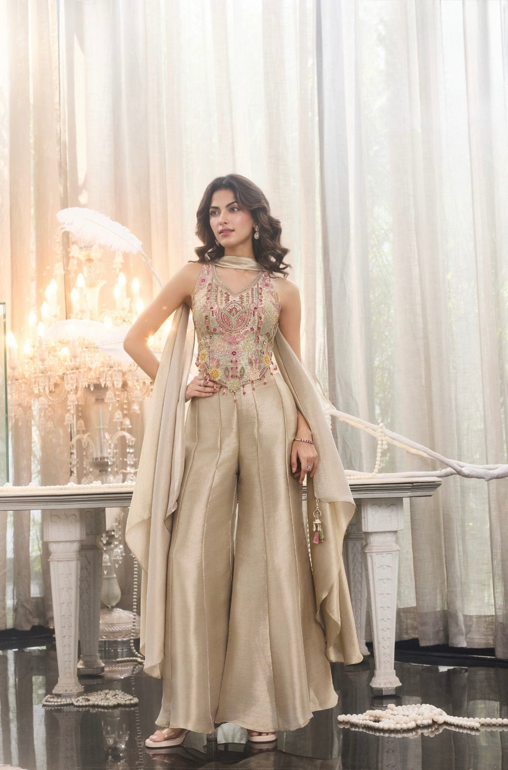 Champagne Embroidered Corset & Flared Pants Set with Dupatta