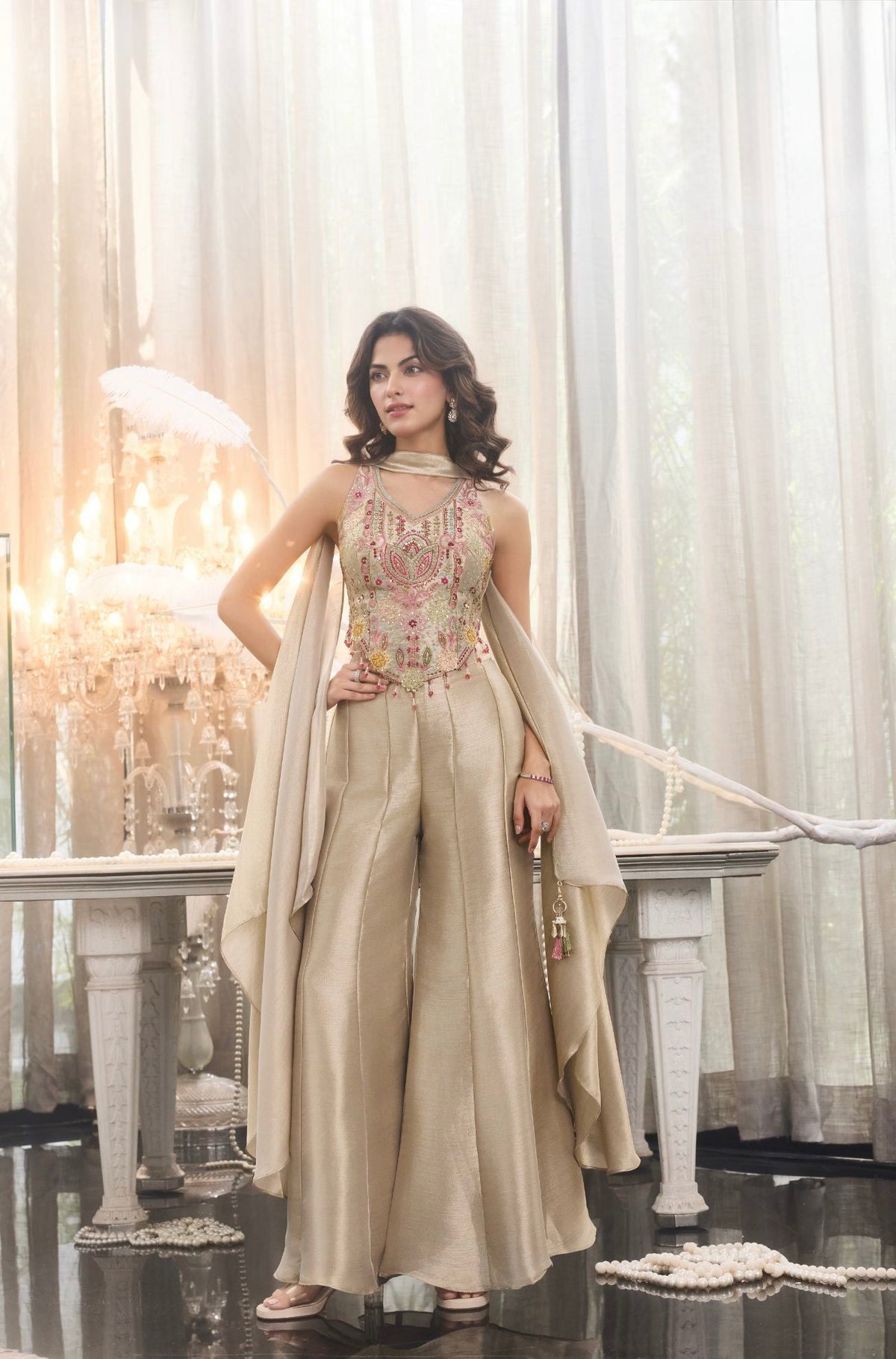 Champagne Embroidered Corset & Flared Pants Set with Dupatta