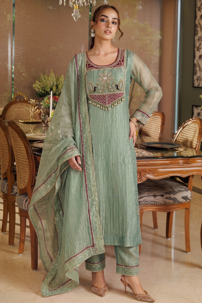 Sage Green Embellished Kurta Set with Maroon Yoke, Straight Pants & Dupatta