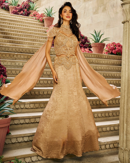 Antique Gold Embellished Corset Ensemble with Cape
