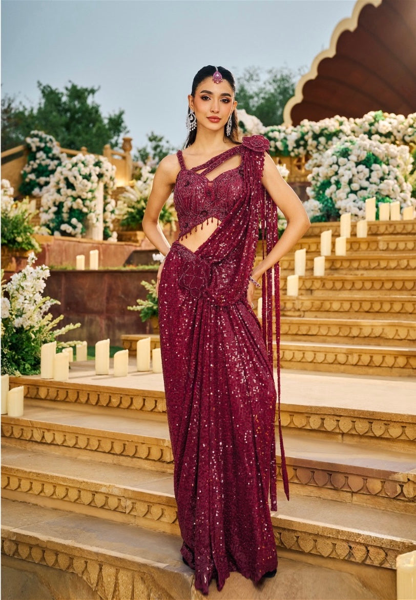 Wine Burgundy Sequin Embroidered Draped Saree with Statement Blouse