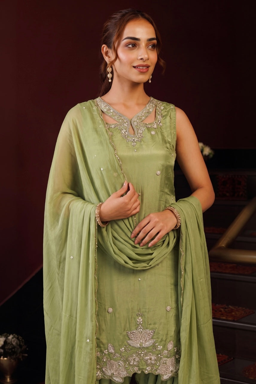 Pistachio Green Embroidered Farshi Salwar Suit