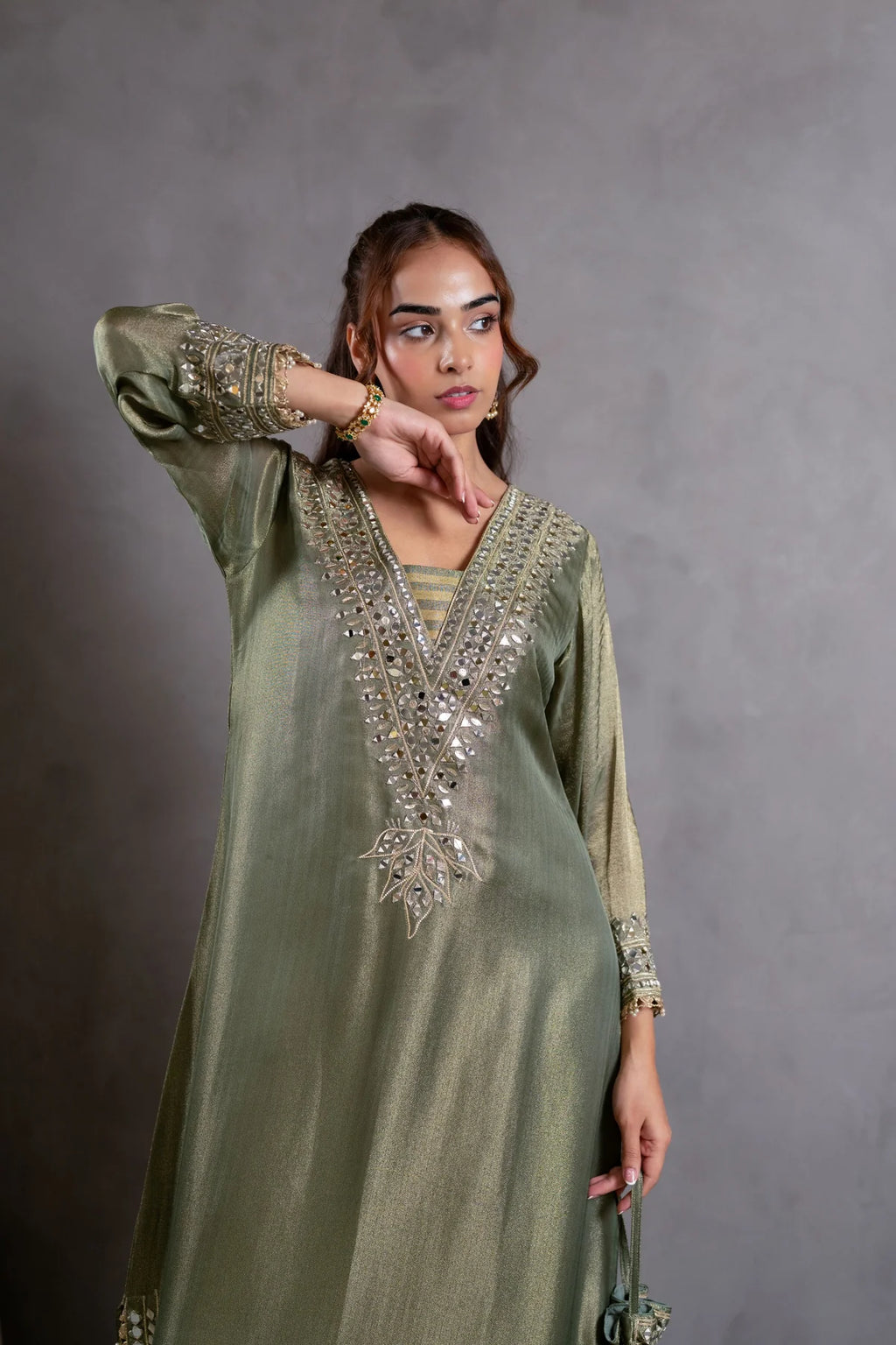 Olive Green Mirrorwork Kaftaan Set