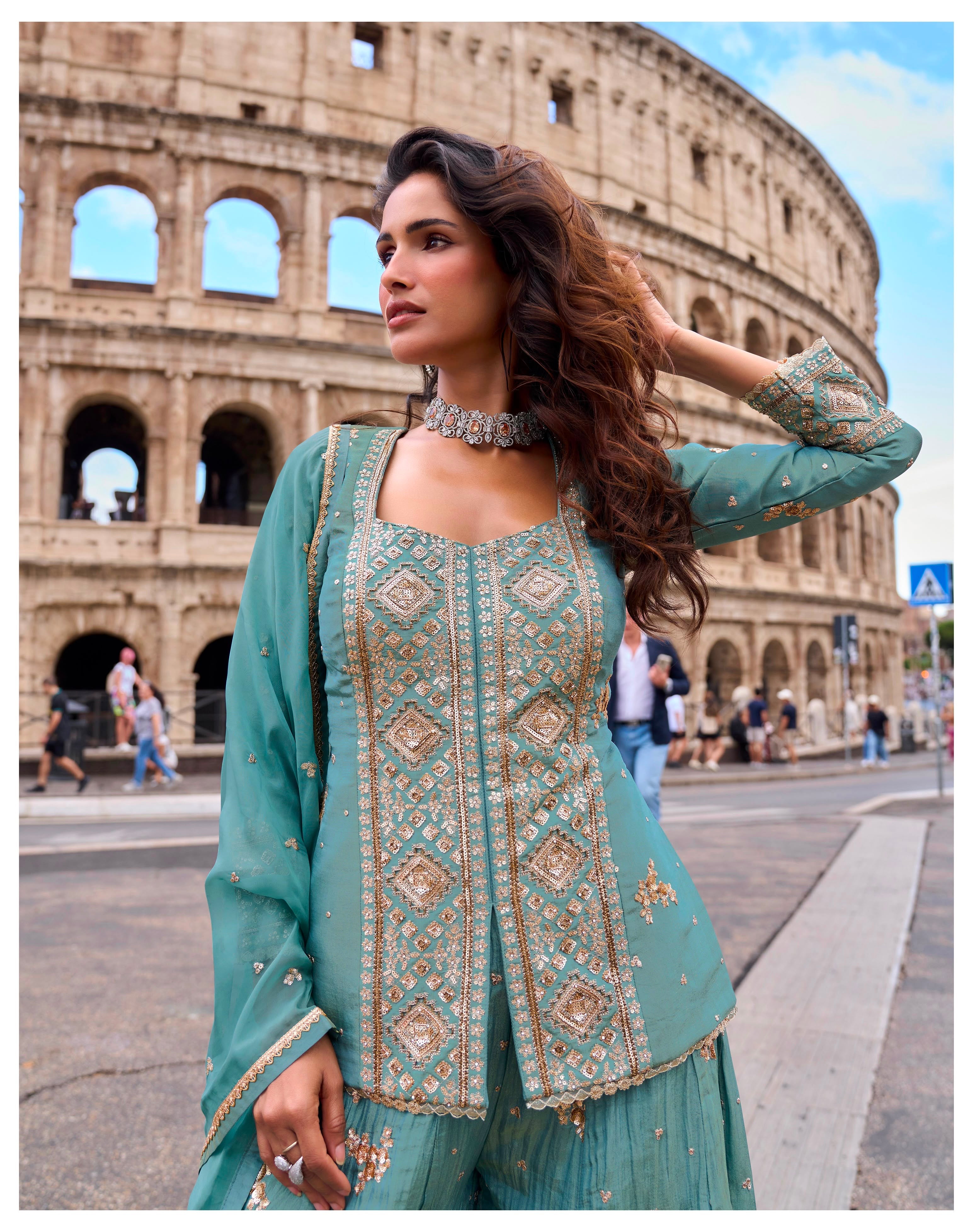 Aqua Royale Embroidered Peplum Sharara Set