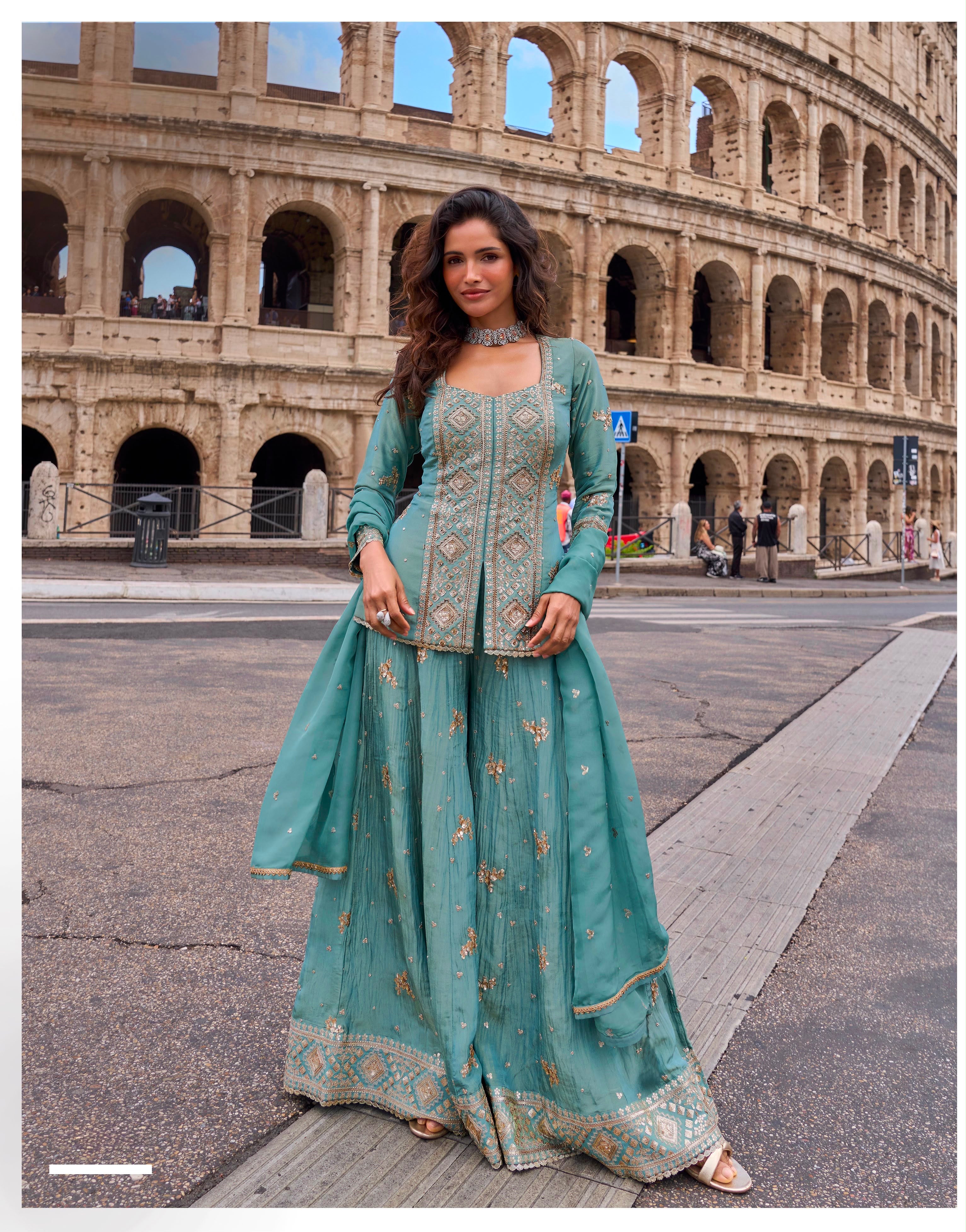 Aqua Royale Embroidered Peplum Sharara Set