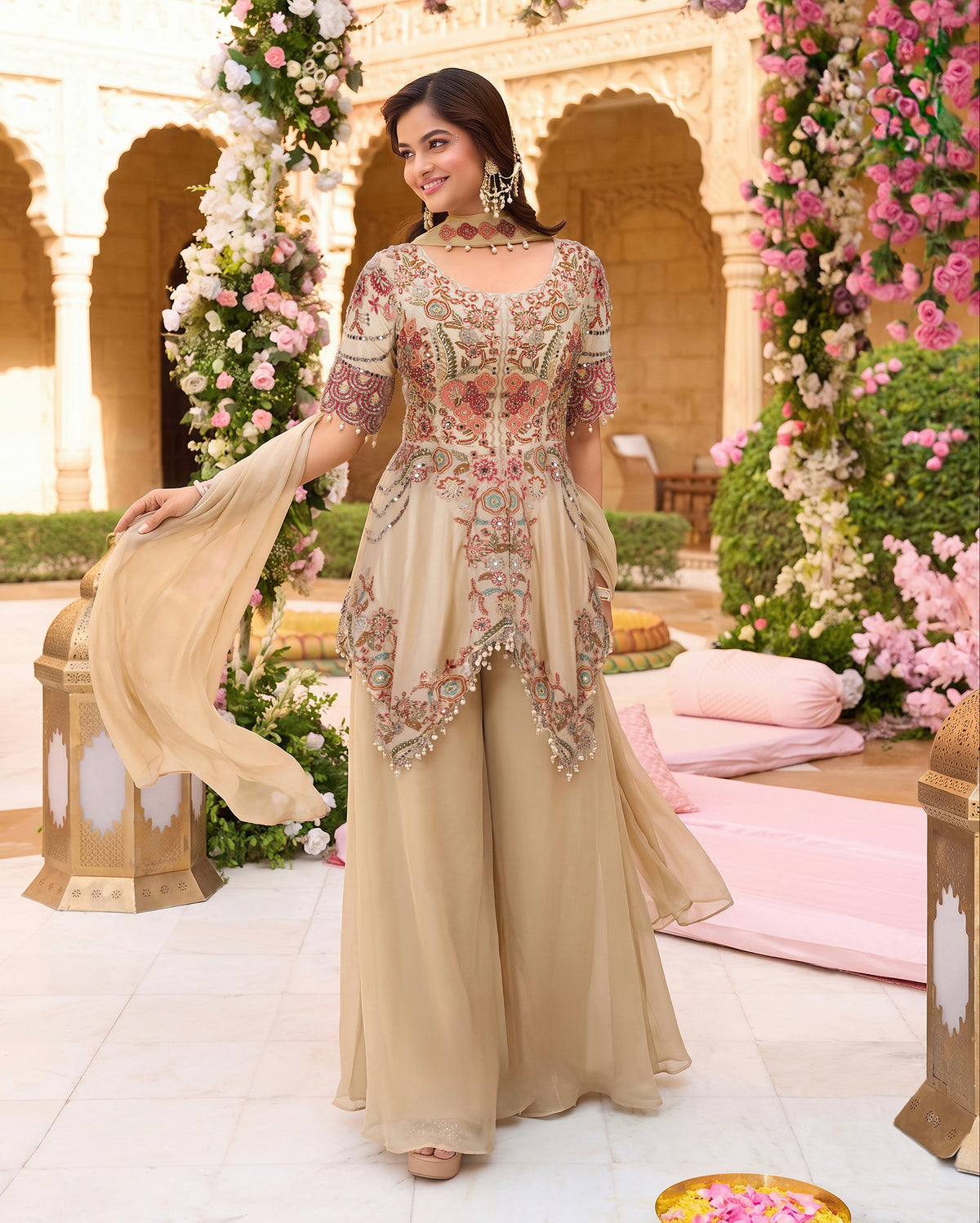 Beige Multicolour Embroidered High-Low Suit Set