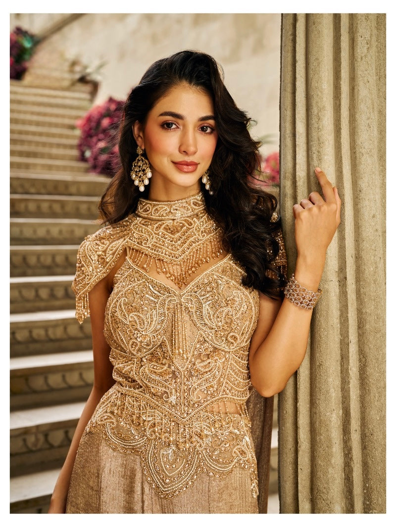Antique Gold Embellished Corset Ensemble with Cape