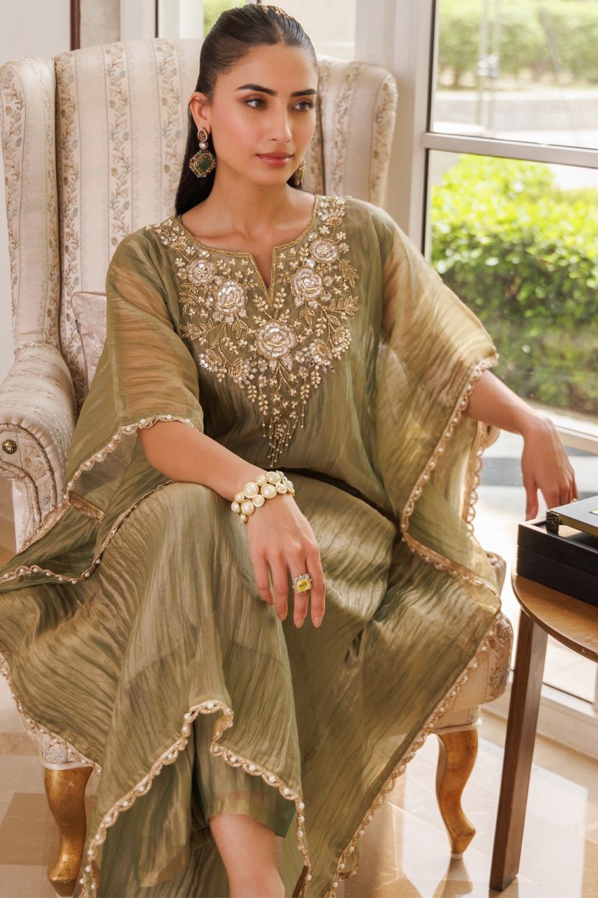 Olive Elegance Embroidered Kaftan Set