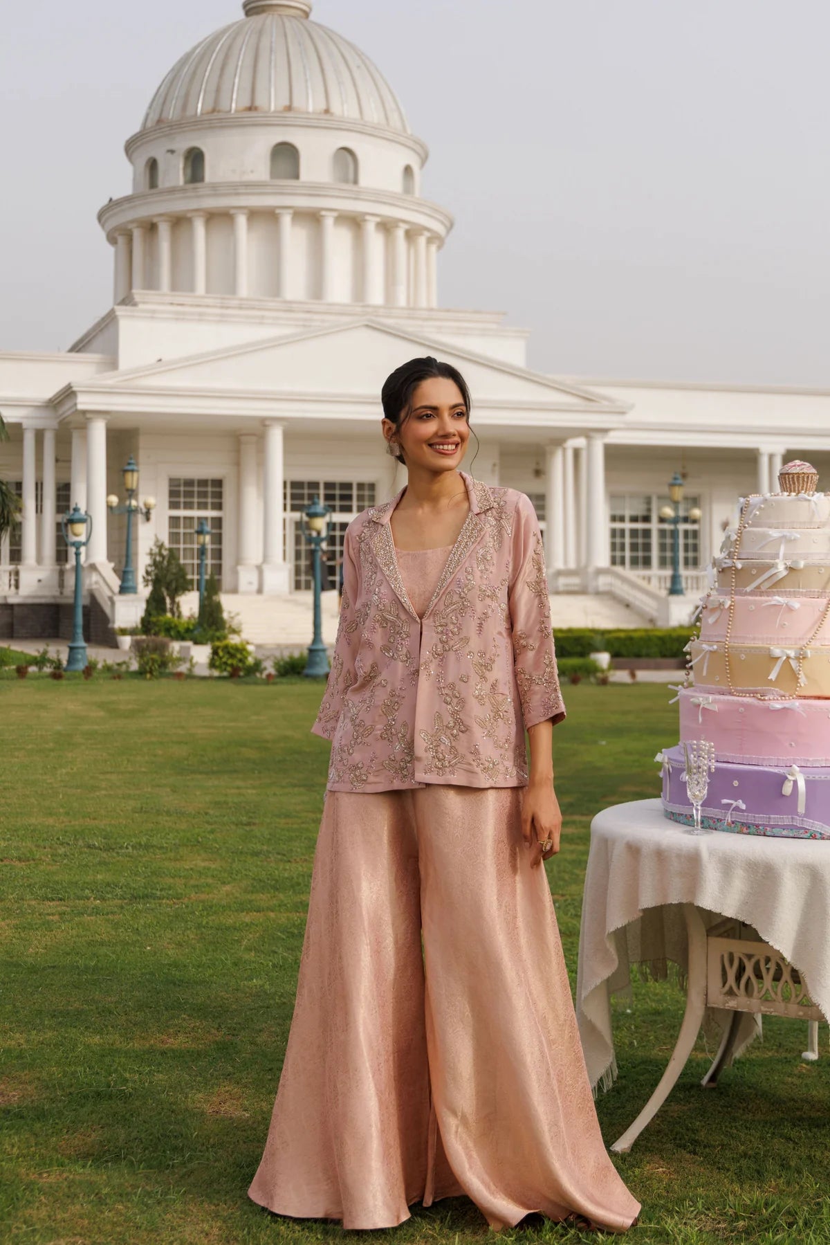 Dusty Rose Embroidered Jacket & Palazzo Set