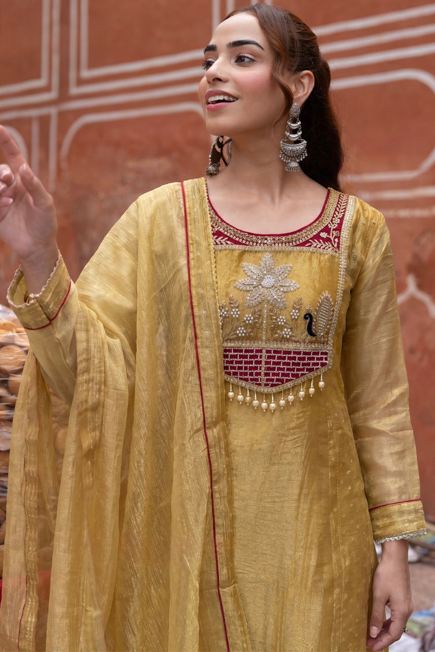 Mustard Gold Embroidered Kurta Set with Maroon Yoke & Dupatta
