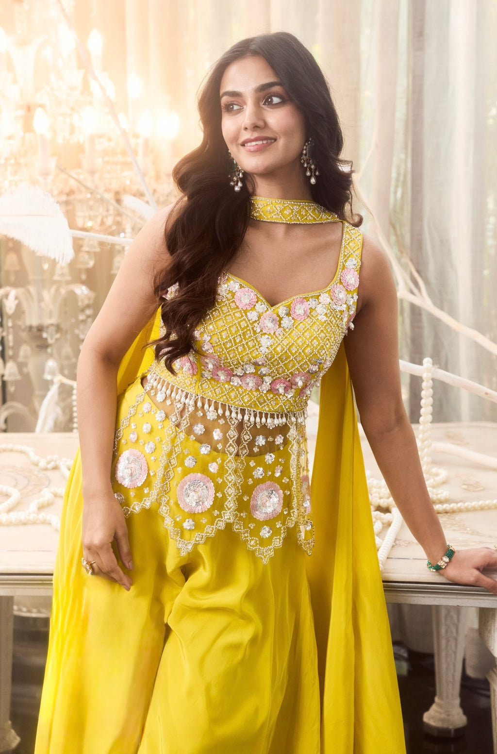 Sunshine Yellow Embroidered Corset & Flared Pants Set with Dupatta