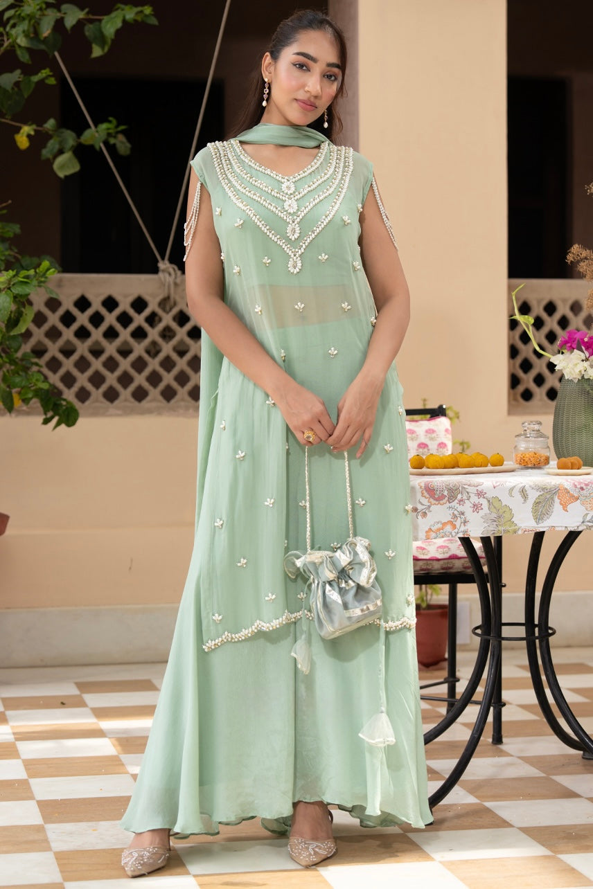 Mint Pearl Cascade Anarkali Set