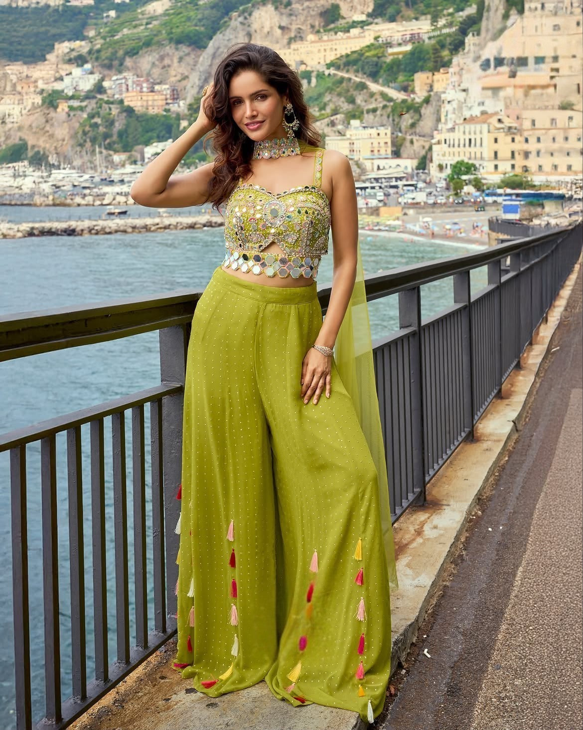 Lime Green Mirror-Work Palazzo Co-ord Set