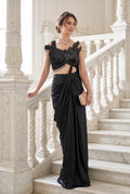 Midnight Black Embellished Draped Saree Set