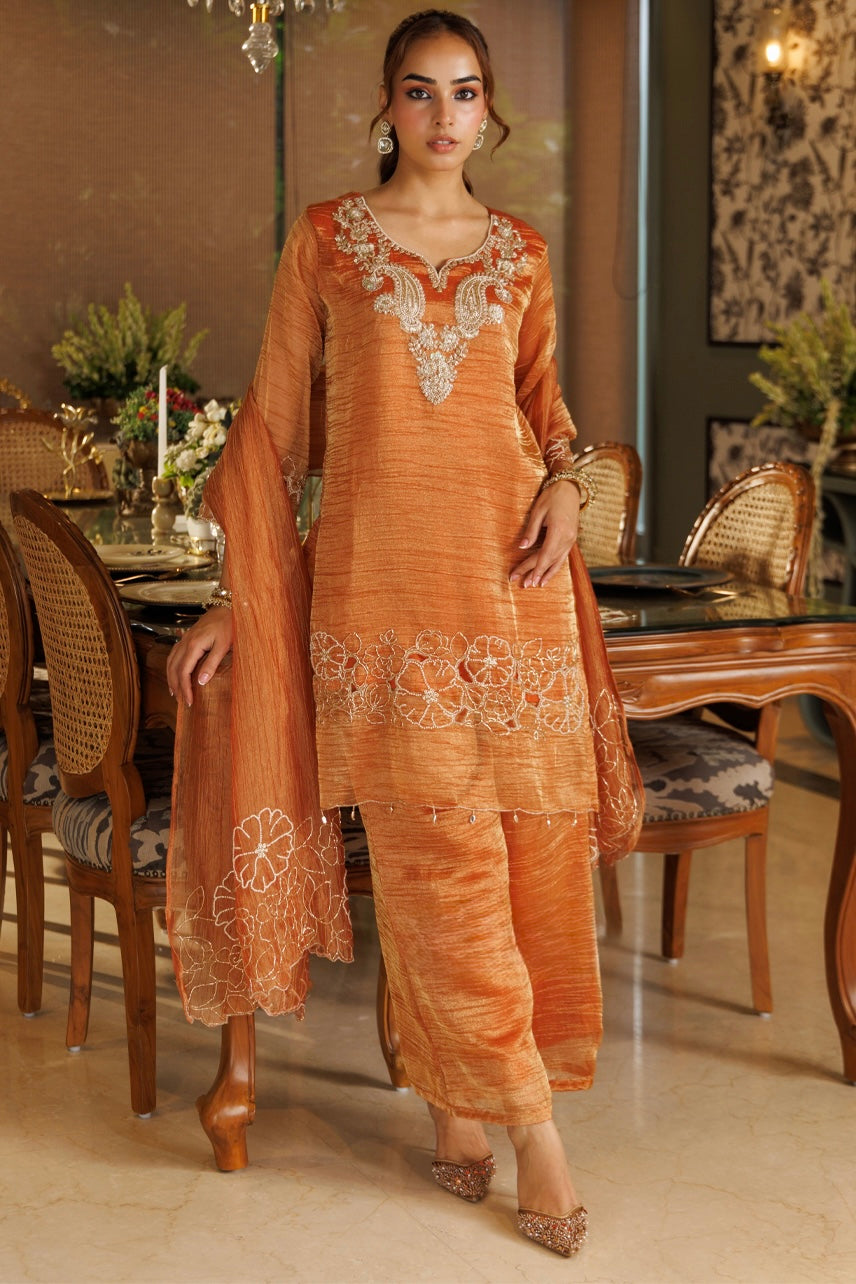 Burnt Orange Embroidered Kurta Set